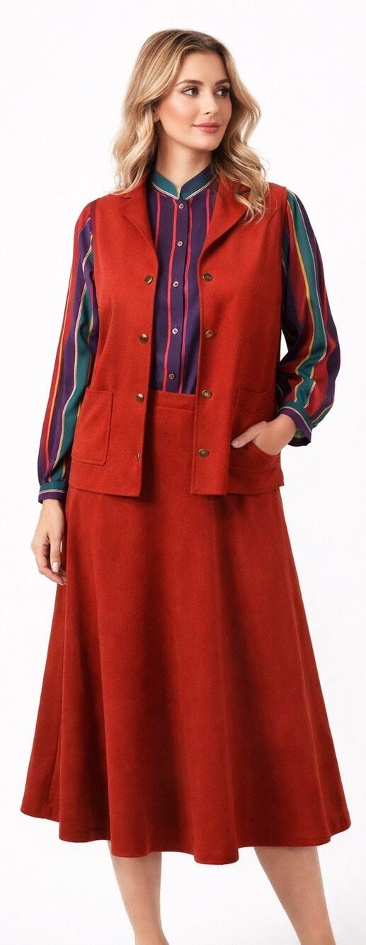 Vintage 1970s Donna Louise 3pc Set Striped Blouse Skirt Vest Medium